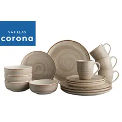 CORONA - Juego de Vajilla Caoba Gris 16 Piezas - Plato Pando 26cm