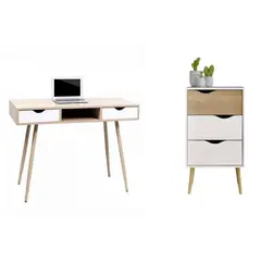 VENTITAS HOME - COMBO Velador y Escritorio Vintage Luna 3 Cajones Color Duna