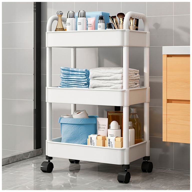 Carrito Organizador Estante 3 Niveles con Colgadores y Ruedas para Baño JK3 BL