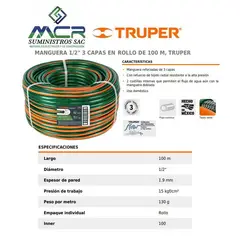 TRUPER - Manguera reforzada de 3 capas 1/2" rollo 100 metros 19857