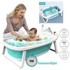 GENERICO - Bañera para Bebé Portátil Con Termometro Azul