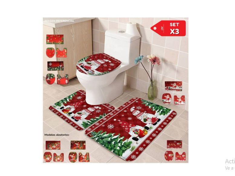 Juego x3 de tapete de baño navideño con estampado para inodoro