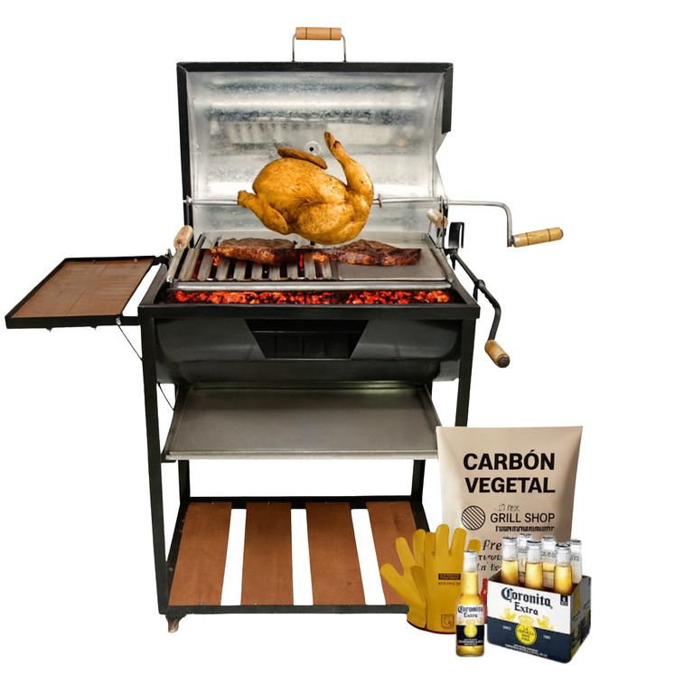 Parrilla Levadiza Cilíndrica con Tapa 2 en 1 Guantes carbón cerveza