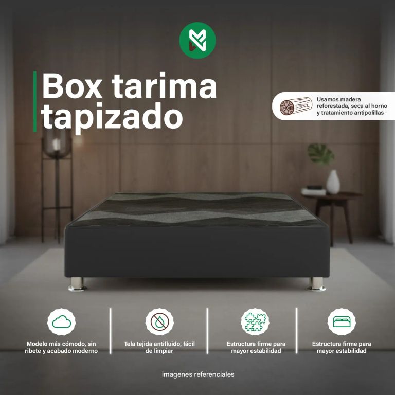 Box Tarima reforzado y acolchado 2 Plazas - Negro / Patas instaladas
