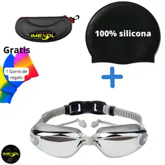 GENERICO - Lentes de natación GRIS protección UV con dos Gorros silicon
