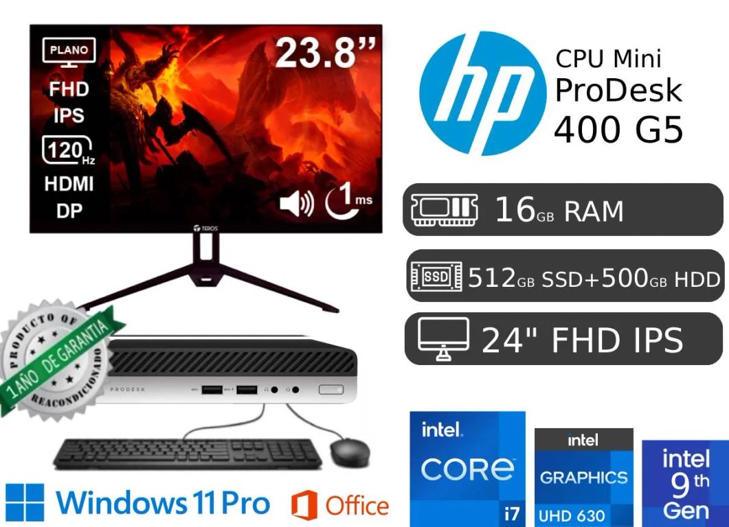 ProDesk Mini 400 G5 I7 9na 16GB RAM 512GB SSD Reacondicionada + 500GB HDD + Monitor Led Nuevo 24"