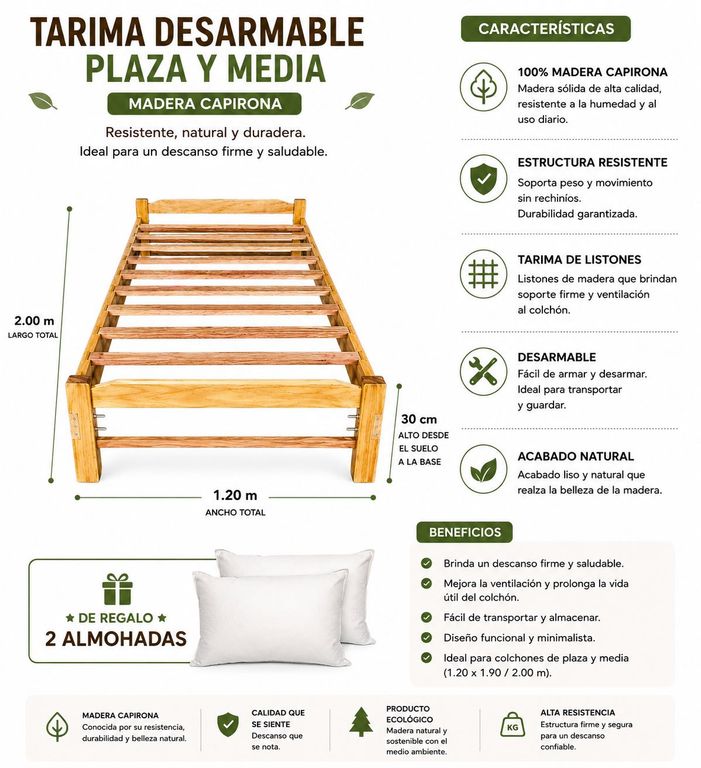 Tarima Desarmable 1.5 Plaza Madera Capirona Cama + Almohada