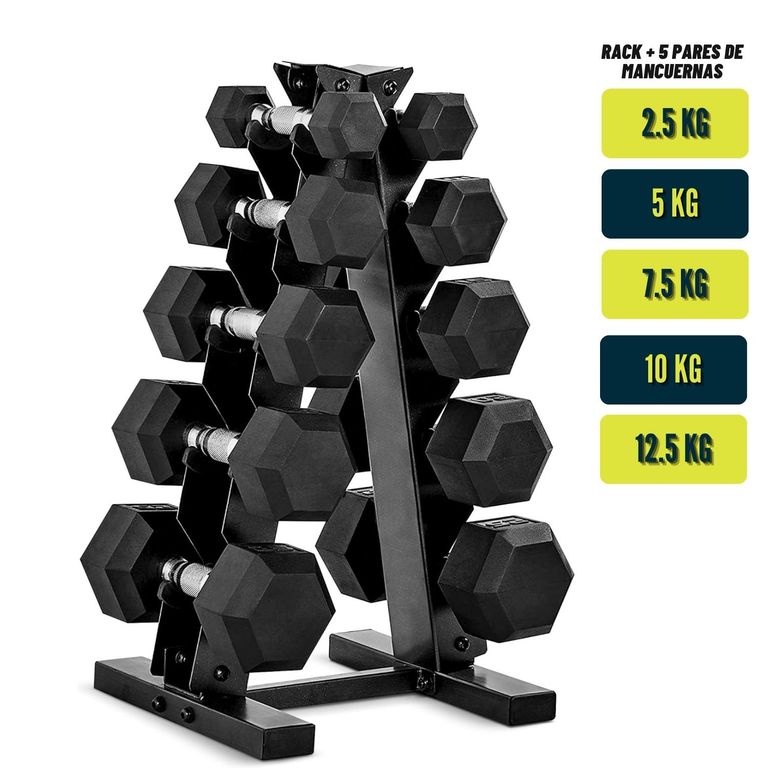 Set de Mancuernas Hexagonales + Soporte Rack de Pesas