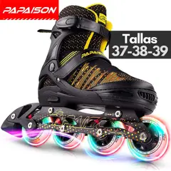 PAPAISON - Patines en Línea Ajustables A10 - Negro - Tallas 37-38-39 ABEC-7 82A con Luces LED Frame de Aluminio