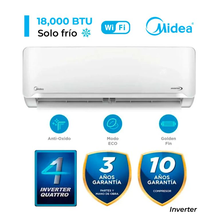 AIRE ACONDICIONADO MIDEA SPLIT DE 18,000 BTU INVERTER FRIO SOLO