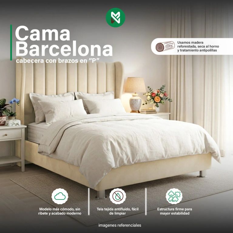 Cama Box Tarima Macrumo Barcelona + Cabecera en "P" 2 Plazas Beige Antifluido