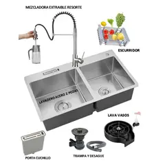 GENERICO - COMBO LAVADERO DE COCINA 2 POZAS + MEZCLADORA EXTRAIBLE RESORTE
