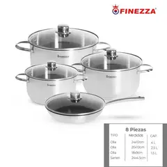 FINEZZA - JUEGO DE OLLAS ACERO INOXIDABLE 8 Pzas