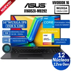 ASUS - Laptop Vivobook X1605ZA-MB292 16" WUXGA IPS, Core i5-12500H, Ram 16GB, SSD 512GB, Free Dos