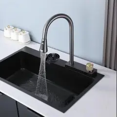 GENERICO - COMBO 60X45X23CM LAVADERO NEGRO DE COCINA MEZCLADORA PORTA VASOS