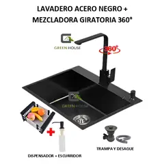 GREEN HOUSE - COMBO LAVADERO 60X45X23CM NEGRO + MEZCLADORA GIRATORIA 360 GRADOS