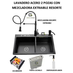 GENERICO - COMBO LAVADERO DE COCINA 2 POZAS NEGRO + MEZCLADORA EXTRAIBLE RESORTE