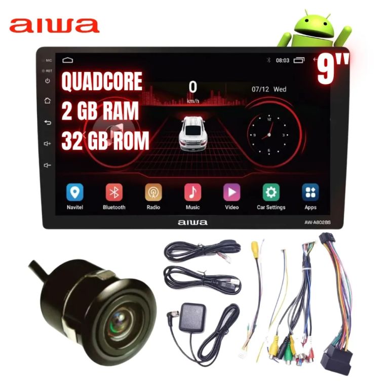 Autoradio Android 9" HD 2 Din AIWA 2GB RAM 32GB BT GPS + Cámara AW-A802BS Auto Radio