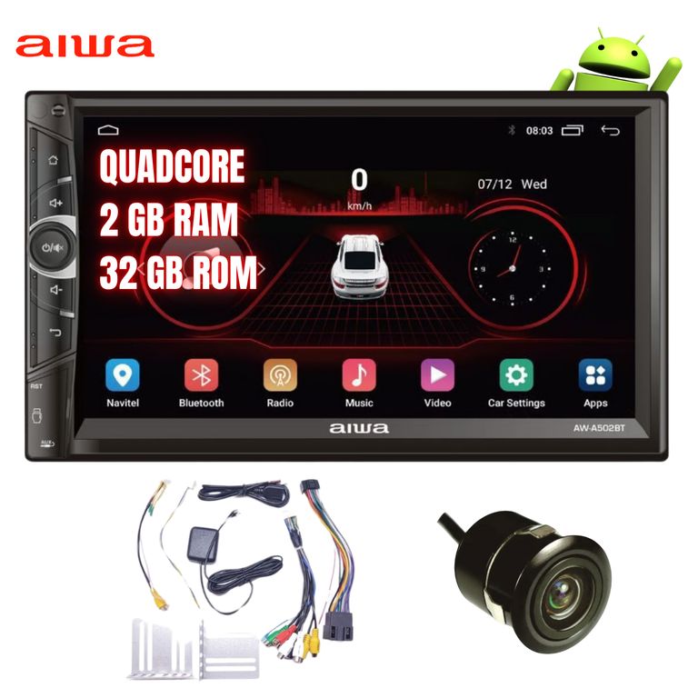 Autoradio Android 2 Din 7" HD 2GB RAM 32GB BT GPS con Cámara de Retroceso AIWA AW-A502BT Auto Radio