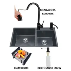 GENERICO - COMBO LAVADERO DE COCINA  NEGRO 2 POZAS + MEZCLADORA EXTRAIBLE