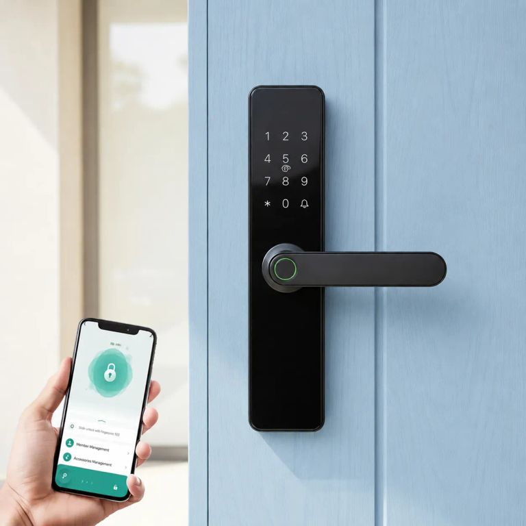 Cerradura Inteligente WiFi Tuya con Huella Digital, Código y Tarjeta Cristal Templado