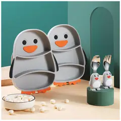GENERICO - Plato de silicona bebe con cubiertos modelo Pinguino