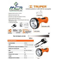 TRUPER - Linterna plástica LED 150 lumenes recargable