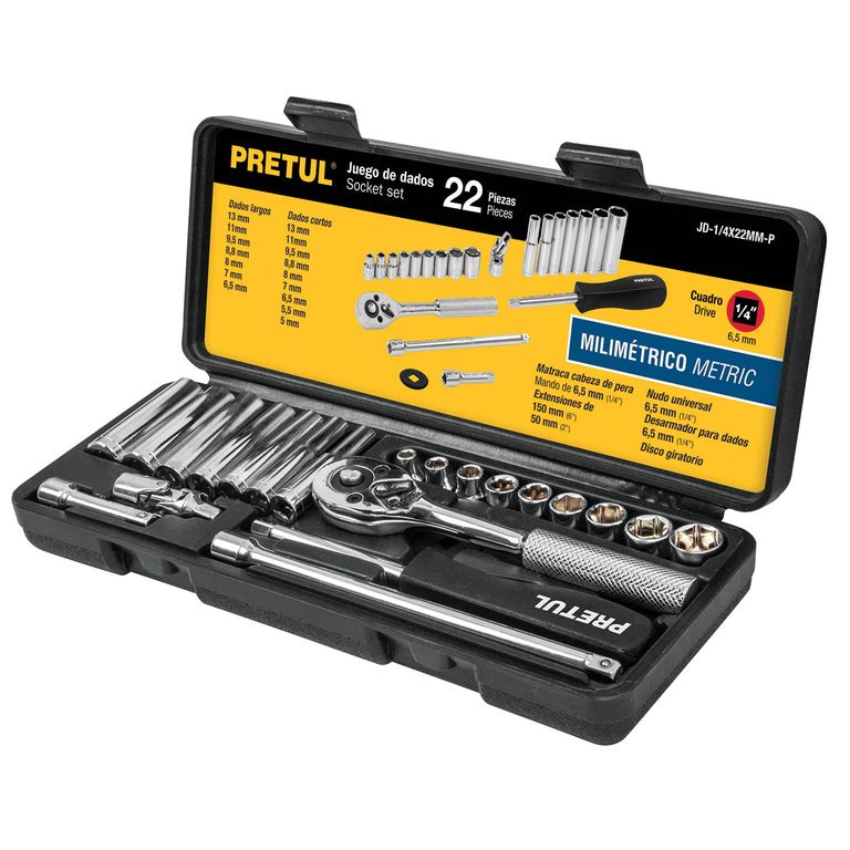 Juego de 22 herramientas 1/4" mm para mecánico COD 23980 Pretul