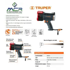 TRUPER - Linterna LED de 900 lm recargable de alta potencia