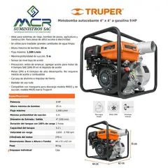 TRUPER - Motobomba autocebante 4" x 4" a gasolina 9 HP