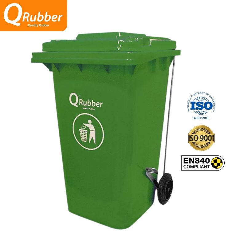 Tacho de plástico de 240 litros verde con pedal - QRubber Perú