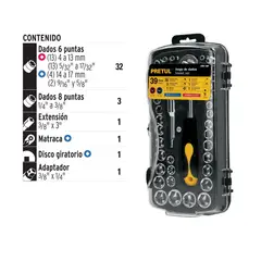 PRETUL - Juego de 39 herramientas 1/4" y 3/8" para mecánico