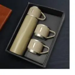 GENERICO - TERMO DE ACERO INOXIDABLE CON 3 TAZAS COLOR BEIGE ELEGANTE