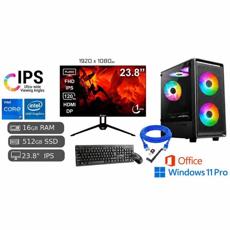 Computadora PC i7 16GB RAM SSD 512GB + CABLE DE RED+ Monitor 24" FHD IPS