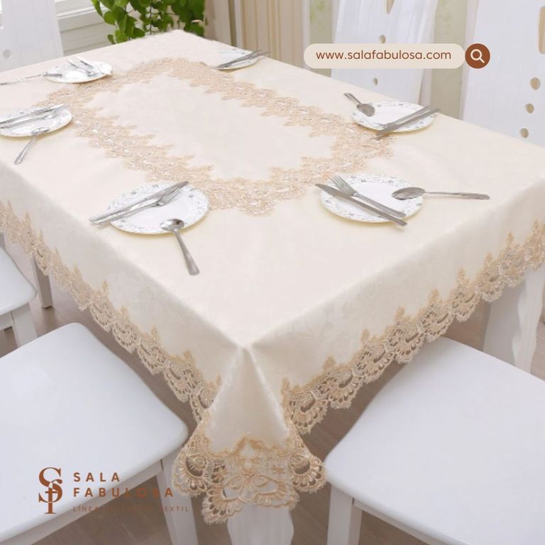 Mantel bordado con camino para comedorelegante sofisticado- crema