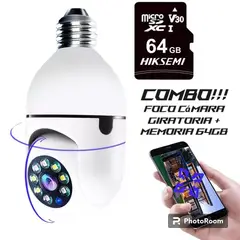 GENERICO - COMBO Foco Camara Giratoria 360° IP Wi-Fi HD1080p + Memoria 64GB