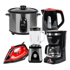 DAEWOO - Hervidor 1.7L + Arrocera 1.8L + Licuadora + Plancha + Cafetera