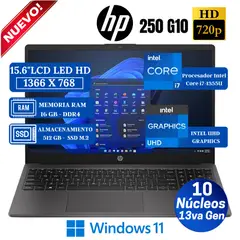 HP - Laptop 250 G10 15.6" LCD LED HD, Core i7-1355U, 13va Gen, Ram 16GB, SSD 512GB, Win 11