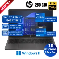 HP - Laptop HP 250 G10 15.6" LCD LED HD, Core i7-1355U, 13va Gen, Ram 16GB, SSD 512GB, Win 11