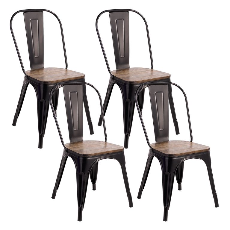 Set x 4 Sillas De Comedor Tolix Vintage Asiento Madera Negro