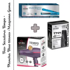 GAMA - Trio Secadora Profesional Tempo Morada 3D - Plancha Blue Titanio 3D Dig - Maquina Black