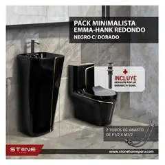 STONE - COMBO INODORO MINIMALISTA HANK REDONDO NEGRO C DORADO + LAVAMANOS EMA