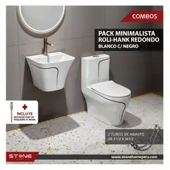 STONE - COMBO INODORO MINIMALISTA HANK REDONDO + LAVATORIO ROLI BLANCONEGRO + DESAGÜE PUSH NEGRO