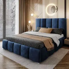 GENERICO - Cama Box Tarima + Cabecera Lisa Azul  1.5 plazas
