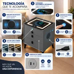 DECOKASA - Mesa de Noche Smart Plomo, Carga Inalámbrica, Parlante Bluetooth, Seguridad de Huella y Luces LED