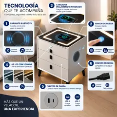 DECOKASA - Mesa de Noche Smart Blanco, Carga Inalámbrica, Parlante Bluetooth, Seguridad de Huella y Luces LED