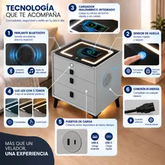 DECOKASA - Mesa de Noche Smart Gris, Carga Inalámbrica, Parlante Bluetooth, Seguridad de Huella y Luces LED