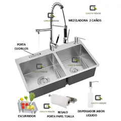 IMPORTADO MC - COMBO LAVADERO DE COCINA 2 POZAS + MEZCLADORA 2 CAÑOS CROMADO