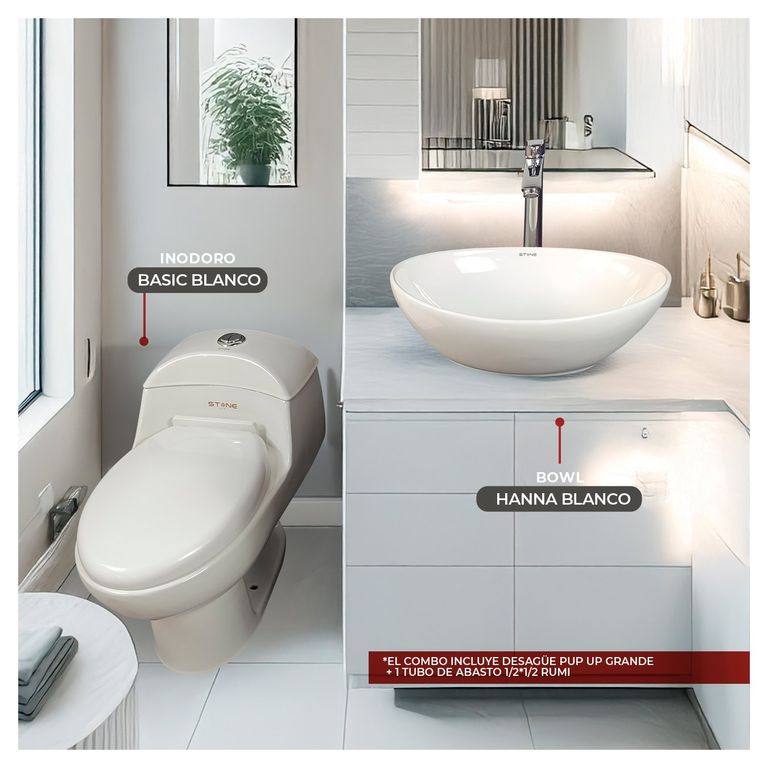 COMBO DE INODORO ONE PIECE ESSENCE BLANCO + BOWL HANNA BLANCO STONE