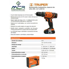 TRUPER - TALADRO PERCUTOR INALAMBRICO PROFES 20V 12 PERFCONCRETO